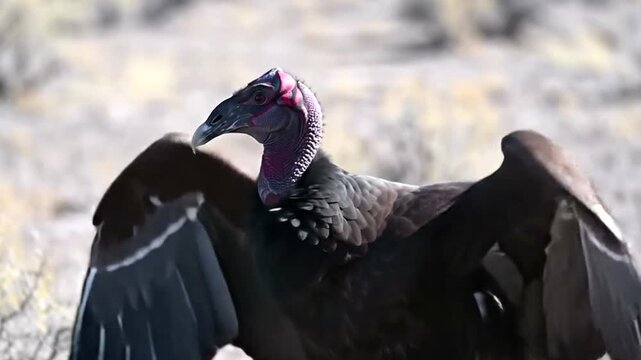 California condor with wings spread wide open, showing its impressive wingspan and dark feathers against a blurred natural background, majestic bird in flight
