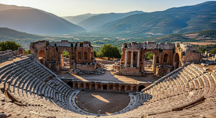 Well-preserved ancient Greek amphitheater in a valley surrounded by green mountains and olive trees under a clear blue sky