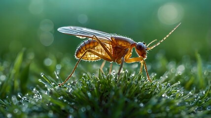 A close up of a winged insect on green grass with dew drops in a soft focus background light