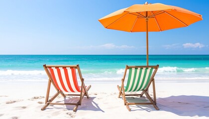 tropical beach scene, two wooden deck chairs with colorful striped