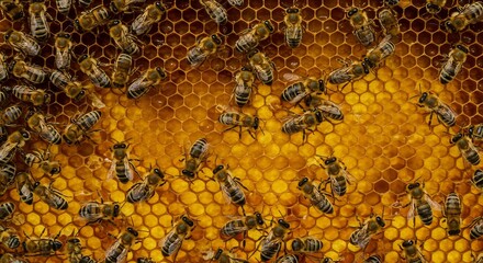 Close-up of honeybees on a honeycomb hexagonal cells golden color bees have black and yellow stripes
