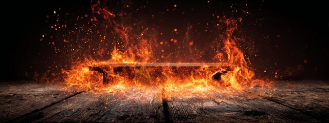 Fiery flames engulfing wooden table, dark background, sparks, food advert