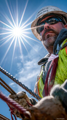 Obraz premium Construction worker wearing a hard hat and safety glasses looks up into the bright sun on a job site against a clear blue sky.