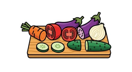 Colorful sliced vegetables arranged on a wooden cutting board.