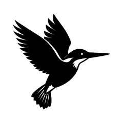 Silhouette of a kingfisher bird in flight with wings spread wide open