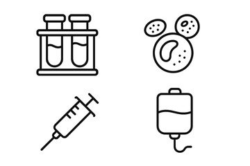 Medical and healthcare line icon set. Blood test tube, hematology cells, syringe for injection or vaccine, and IV drip bag for infusion therapy. Lab analysis concept vector.