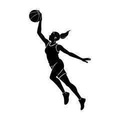 Silhouette of a woman basketball player jumping with ball in mid air action