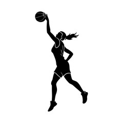 Silhouette of a woman in action playing basketball reaching for the ball