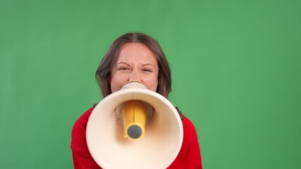 A woman shouting into a megaphone against a green background - Powered by Adobe