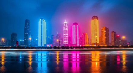 Fototapeta premium Vibrant cityscape at night with illuminated skyscrapers and water reflections modern urban architecture