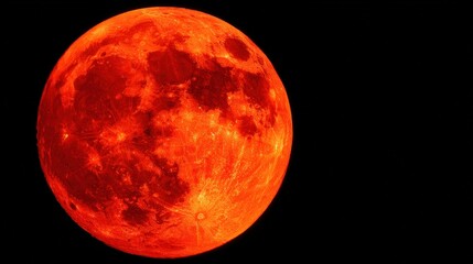 Bright orange full moon du lunar eclipse with detailed surface features and dark sky background