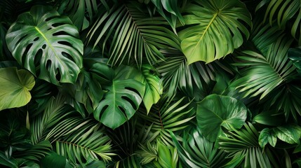 Jungle tropical foliage background. Green lush pattern texture card