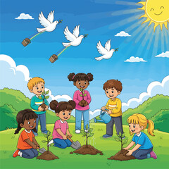 Cartoon-style image of children planting trees together under a bright blue sky with doves flying above, celebrating peace