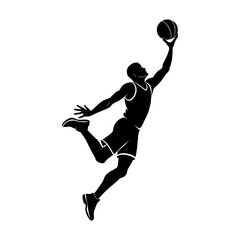Silhouette of a basketball player jumping to score with the ball in hand