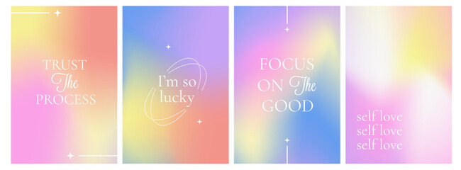 Poster set with motivate and inspirational phrase. Gradient blurred background with massage Patel pink mesh. Vintage y2k pastel color banner collection for social media post.