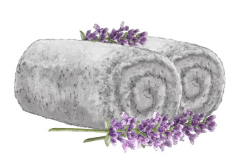 Pair of grey massage towels rolled up and lavender flowers. Aromatherapy, spa ingredients. Hand drawn watercolor illustration for wellness, massage, spa salon, home spa concept.