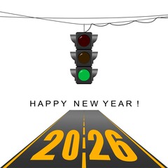 New Year greeting card. 2026 Traffic light, green light.