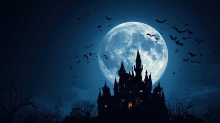 Fototapeta premium Spooky Halloween Night Scene with Haunted Castle Full Moon Bats Dark Forest Silhouette Illustration
