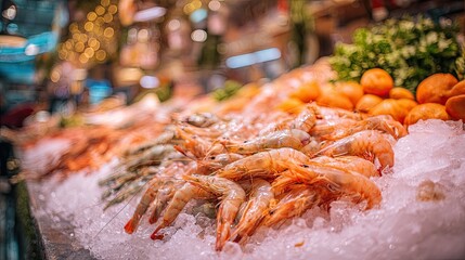 Fresh Shrimp and Seafood Display on Ice in Market with Blurred Background and Colorful Lights