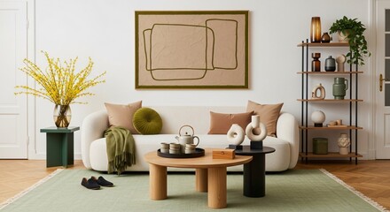 Fototapeta premium Modern living room design with stylish furniture, decor, and bright lighting