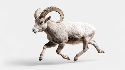Majestic bighorn sheep in motion against minimalist background