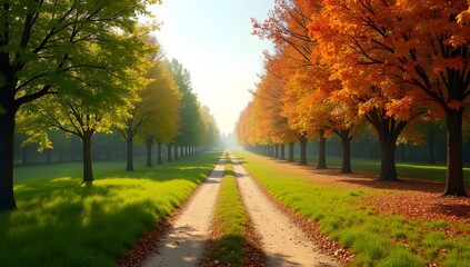 Fototapeta premium A poetic split-image showing seasonal transition from summer’s brightness to autumn’s golden tones with symbolic natural contrast. AI-Generated!