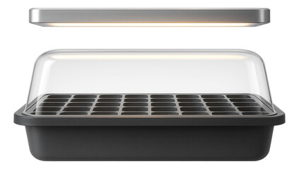 Seedling tray with built-in LED grow lights, providing necessary light for indoor seedlings in a classroom setting.