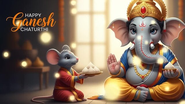 Digital illustration featuring a stylized depiction of Lord Ganesha, a Hindu deity, with an elephant head and a human body, sitting cross-legged. The character has a light gray complexion with large, 