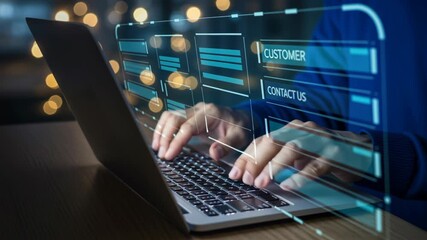 AI customer support for ecommerce service on laptop with hands typing in dark office and digital interface overlay - Powered by Adobe