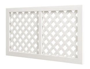 Vinyl decorative lattice panels in white, suitable for privacy screening on a poolside terrace.