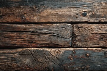 Fototapeta premium Close up of aged wooden planks with visible grain and dark staining creating a rustic texture