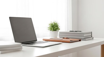 Fototapeta premium Minimalist workspace with laptop, books and potted plant on white desk
