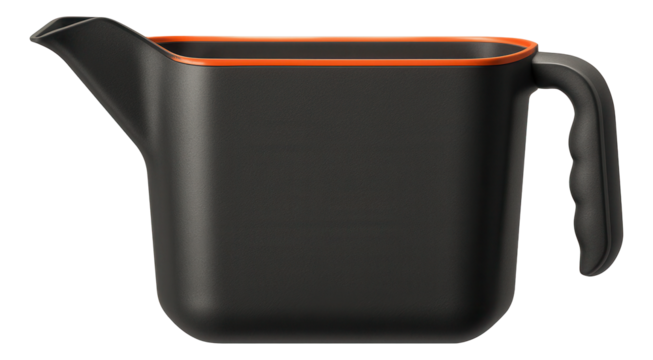 A rectangular bucket with a spout, useful for pouring collected leaves into compost bins in home gardens.