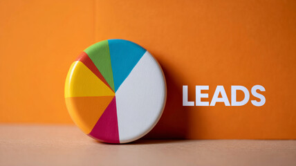 Colorful pie chart on orange background with 'LEADS' text.