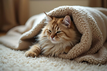 Cat bundled in blanket enjoying its cozy nap