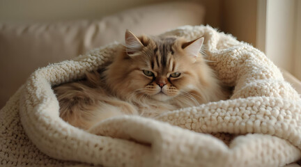 Cat resting inside a soft, cozy blanket