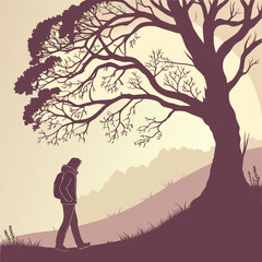 Serene Silhouette: Man Walking Beneath a Large Tree at Dusk, Vector Illustration, Peaceful Mood