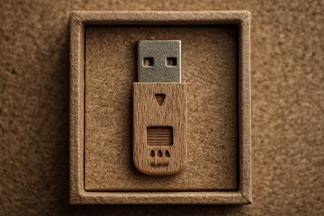 A wooden usb drive with a silver connector in a square wooden box on a brown textured surface