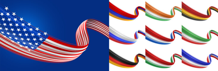 Set of 3D waving ribbon flags of different countries including USA, Russia, Germany, Italy, France, India, Belgium, Netherlands, Hungary, Armenia 