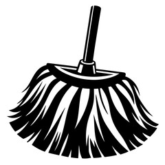 Traditional broom illustration in black and white-Black and white stylized drawing of a broom with straw bristles, symbolizing cleaning, household chores, witchcraft, and folklore traditions.
