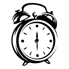 Classic alarm clock black and white illustration-Black and white drawing of a vintage alarm clock with bells on top, representing time, punctuality, waking, and routine.