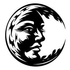 Full moon with face black and white illustration-Black and white vector artwork of a full moon featuring a human face, symbolizing mystery, mythology, night, and cosmic spirituality.