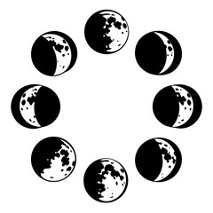 Moon phases cycle illustration in black and white-Circular arrangement of moon phases from crescent to full, depicted in bold black and white design for astronomy and spiritual themes.