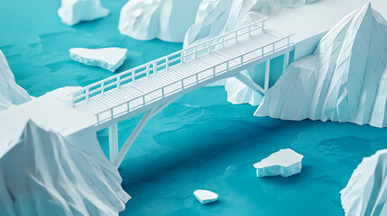A striking white bridge arches over a vibrant turquoise body of water, with icy formations dotting the scene, creating a serene and abstract natural landscape