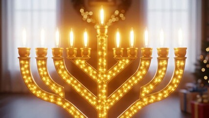 Golden menorah with blinking lights against background of christmas tree and holiday gifts, symbolizing hanukkah celebration footage. - Powered by Adobe
