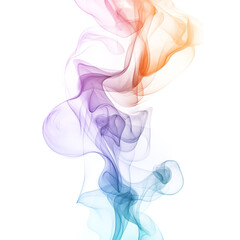 Fototapeta premium Colorful swirl of smoke or ink in blue, purple, orange, and pink on white background, abstract motion for creative design
