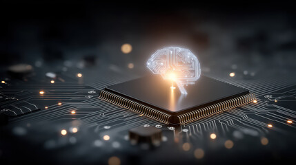 Futuristic circuit board showcases a glowing neuromorphic core with advanced AI connections and laser-lit pathways