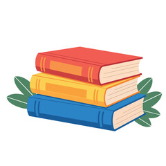 A stack of three colorful books red yellow and blue adorned with green leaves on a white background