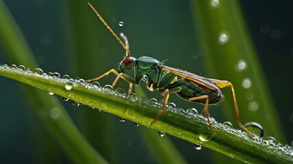 A close up of a green insect with red eyes on a blade of grass covered in water droplets in nature
