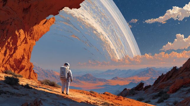 Astronaut explores a Martian landscape under a ringed planet